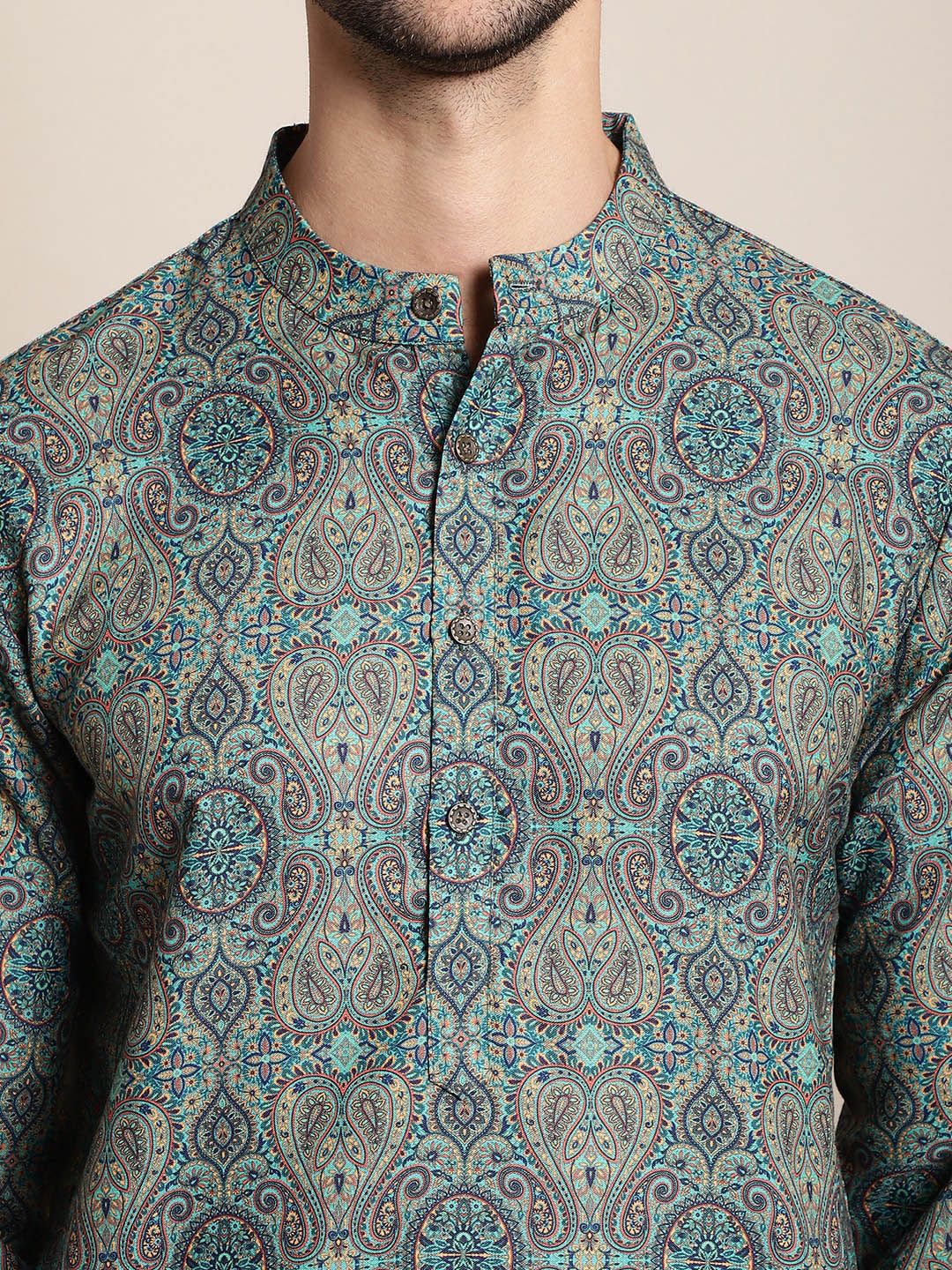 Anouk Green & White Paisley Printed Kurta With Pyjamas