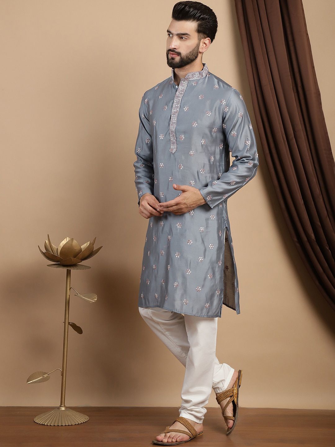Anouk Floral Embroidered Regular Thread Work Straight Kurta With Churidar