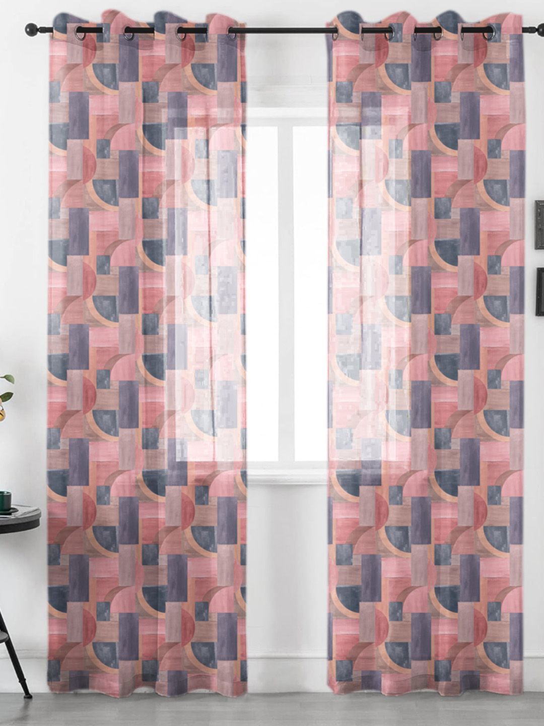URBAN SPACE Pink 2 Pieces Geometric Printed Sheer Window Curtains