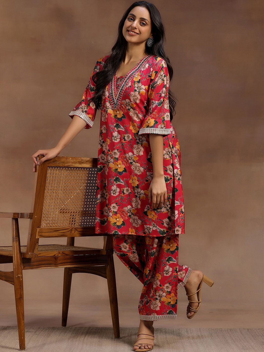 Libas Pink Floral Printed Tunic With Palazzo