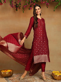 KALINI Floral Woven Design Zari Straight Kurta With Trousers & Dupatta