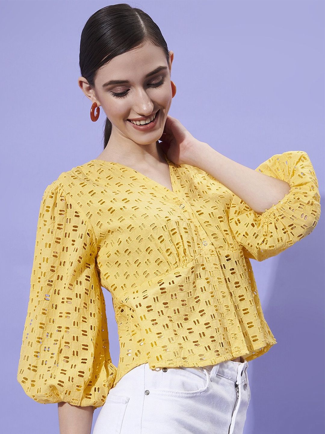 Athena Schiffli Self Design V-Neck Puff Sleeves Empire Top