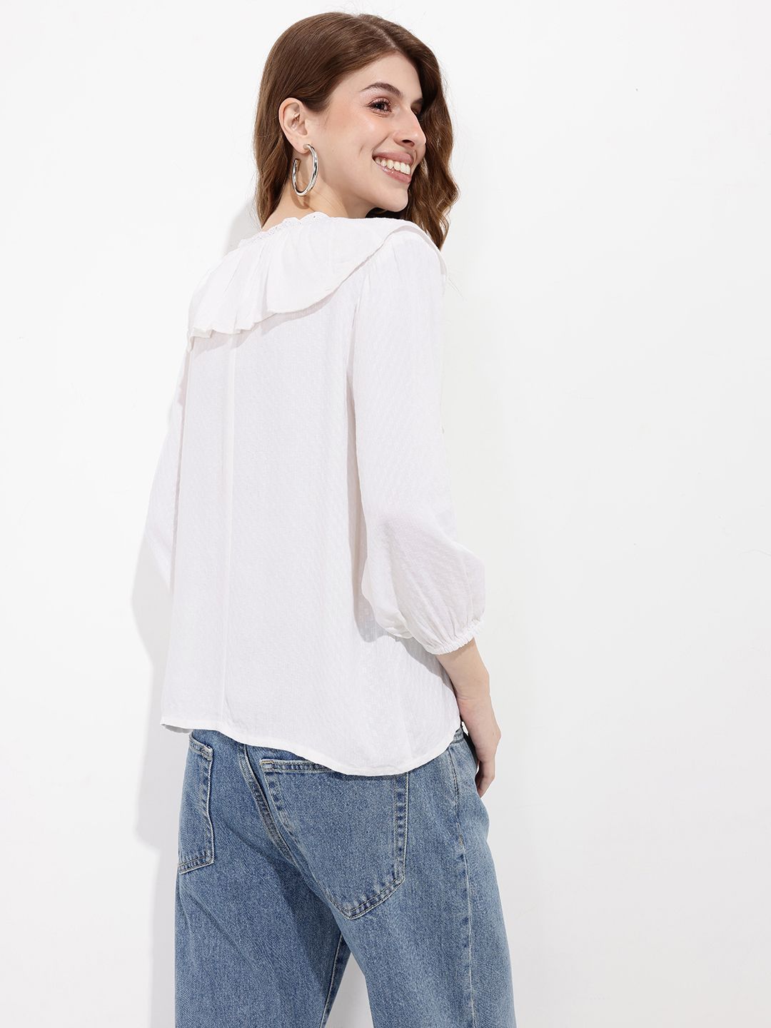 DressBerry Porcelain White Texture Play Ruffled Top