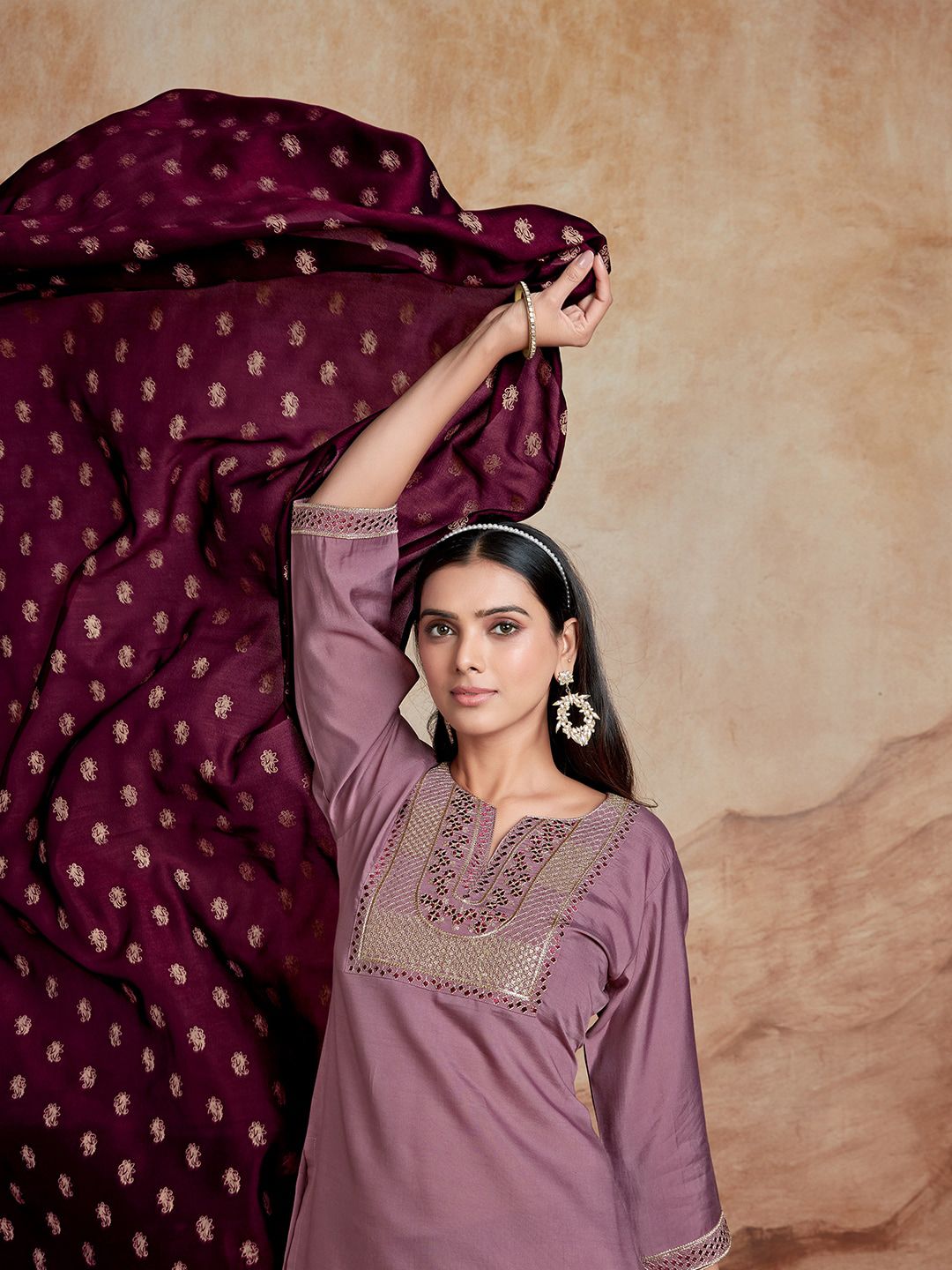 KALINI Ethnic Motifs Embroidered Chanderi Silk Straight Kurta With Palazzos & Dupatta