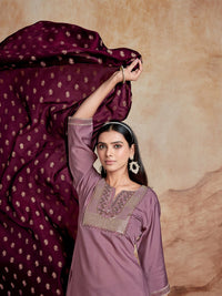 KALINI Ethnic Motifs Embroidered Chanderi Silk Straight Kurta With Palazzos & Dupatta