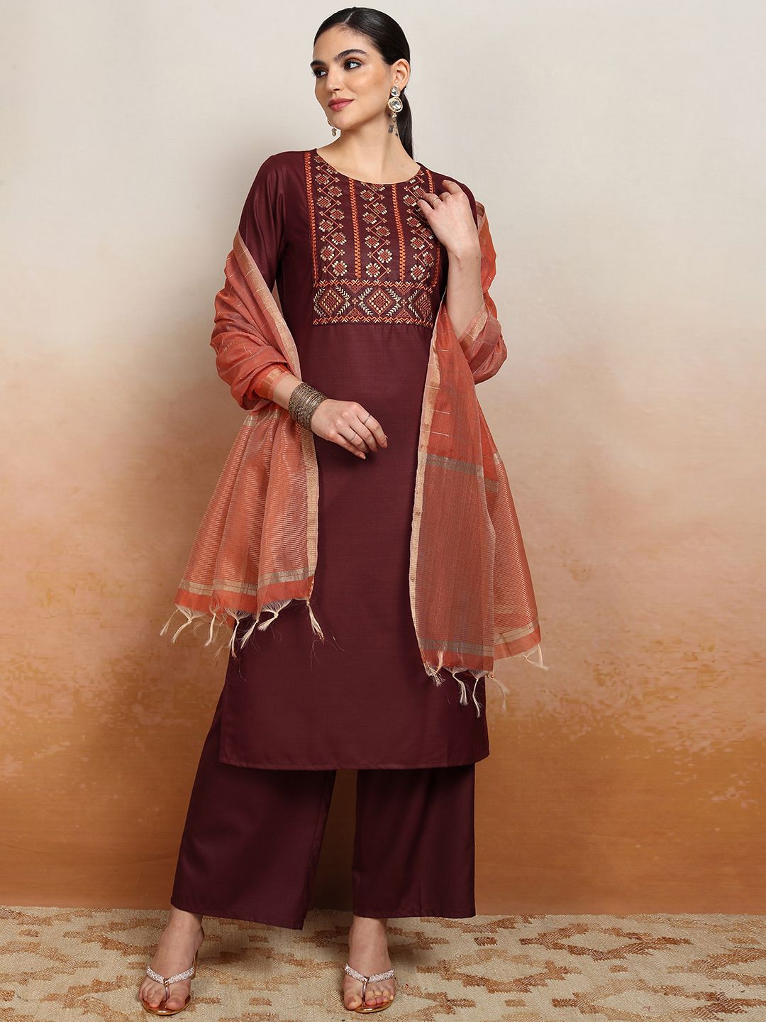 Vishudh Embroidered Rund Neck Straight Kurta & Palazzos With Dupatta