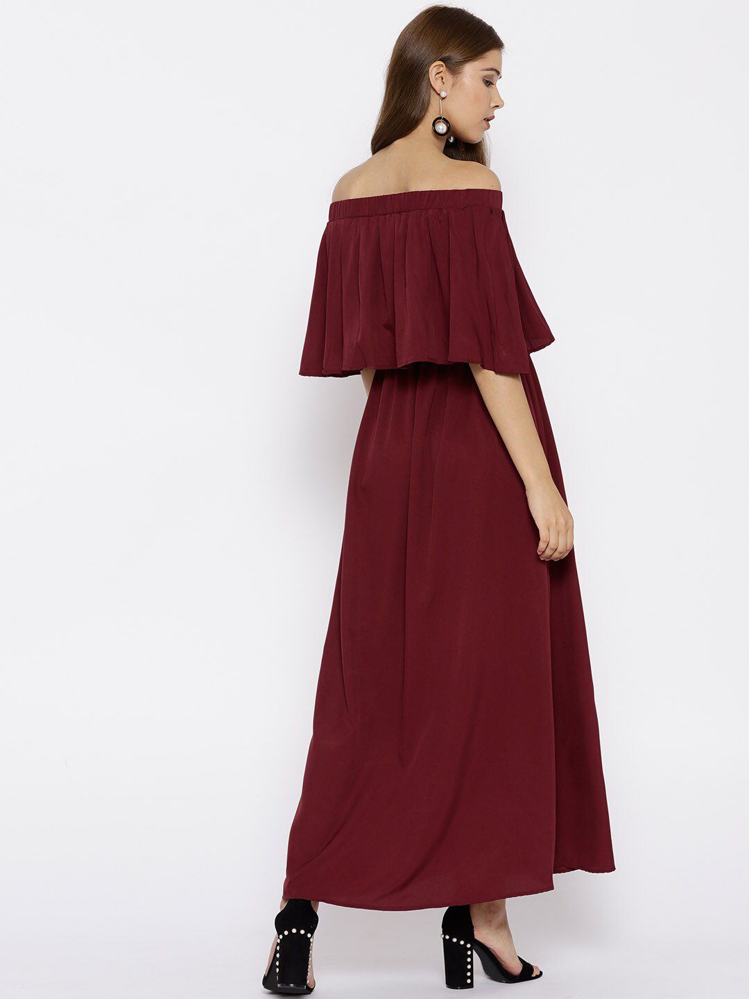 Berrylush Maroon Off-Shoulder Crepe Maxi Dress