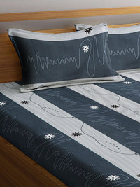 KLOTTHE Blue 300 TC Striped Cotton Blend Double King Bed Sheet with 2 Pillow Covers