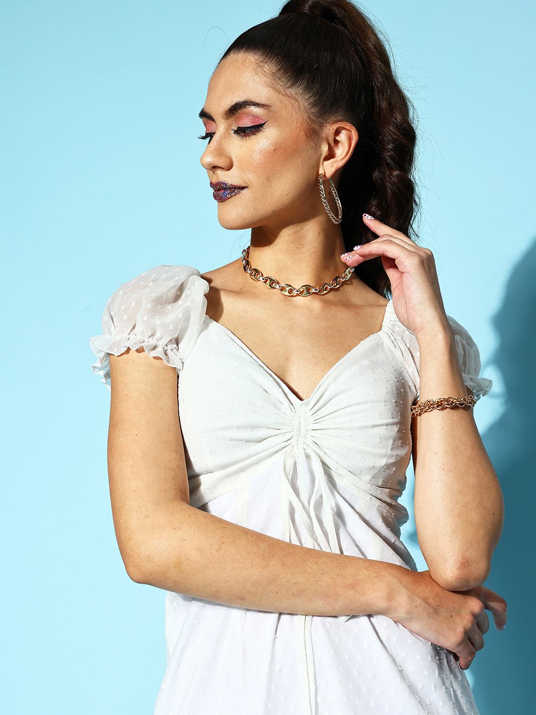 Berrylush Women White Self-Design Fluid Tie-Up Dress
