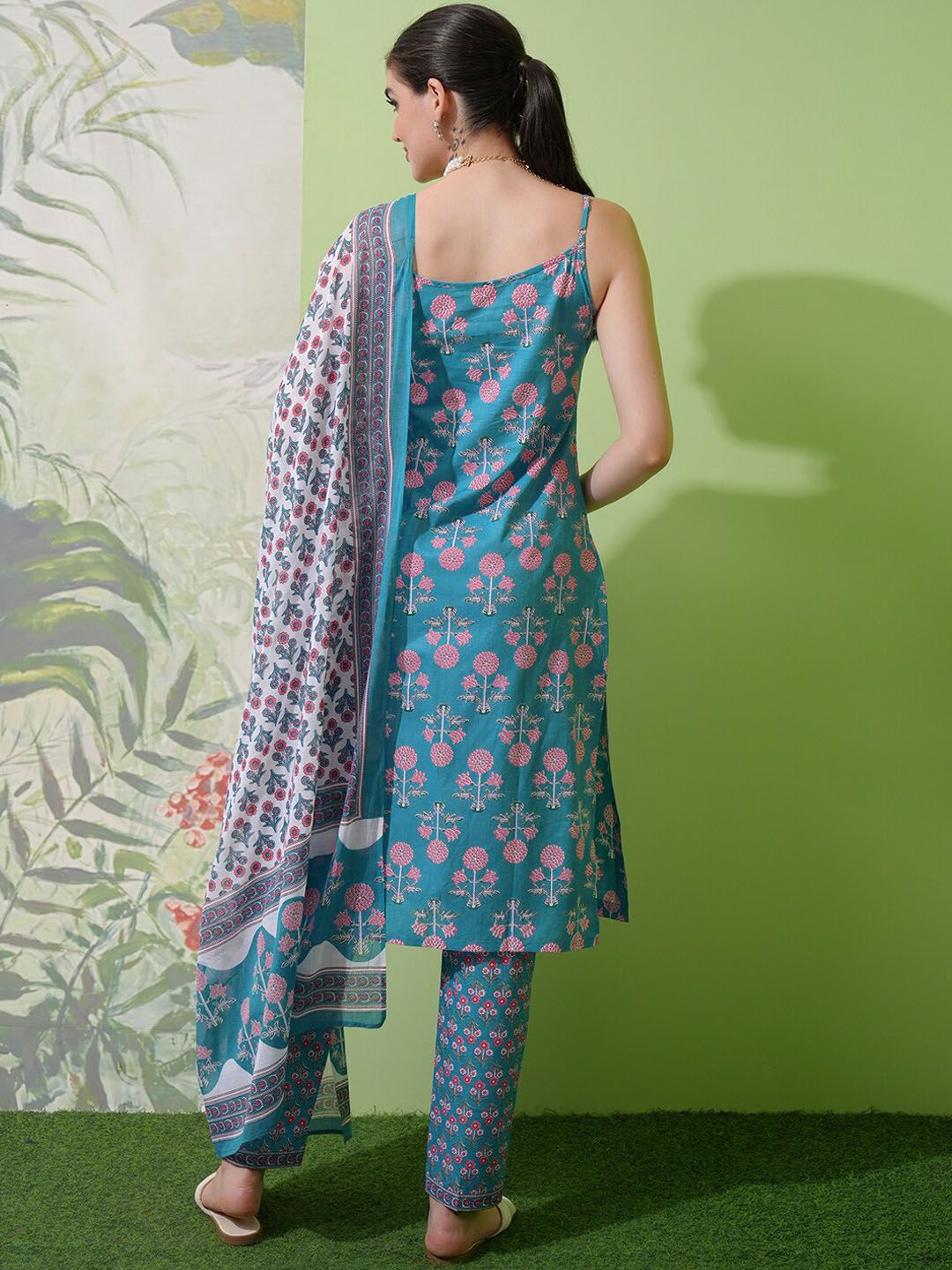 Vishudh Blue Floral Printed Pure Cotton Straight Kurta With Trousers & Dupatta