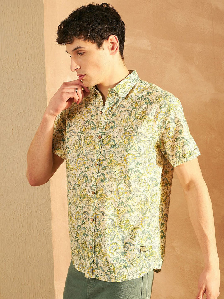 DENNISON Smart Floral Printed Spread Collar Cotton Oversized Lightweight Shirt
