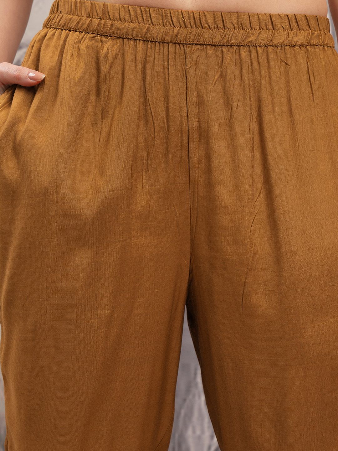 Vishudh Brown Ethnic Motifs Regular Thread Work Straight Kurta With Trousers & Dupatta