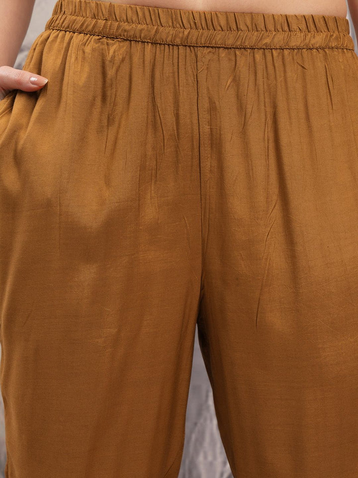 Vishudh Brown Ethnic Motifs Regular Thread Work Straight Kurta With Trousers & Dupatta