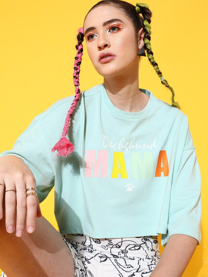 STREET 9 Women Sea Green Printed Pure Cotton Drop-Shoulder Sleeves Bio Finish Boxy T-shirt