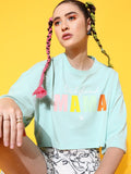 STREET 9 Women Sea Green Printed Pure Cotton Drop-Shoulder Sleeves Bio Finish Boxy T-shirt