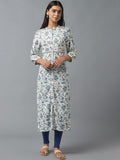 W Women White & Blue Floral Printed Thread Work Kurta