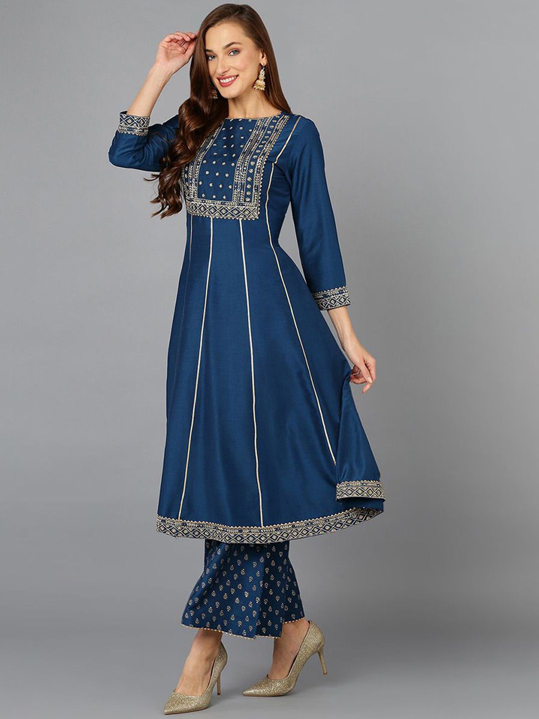 KALINI Floral Embroidered Sequinned Anarkali Kurta with Palazzos & Dupatta