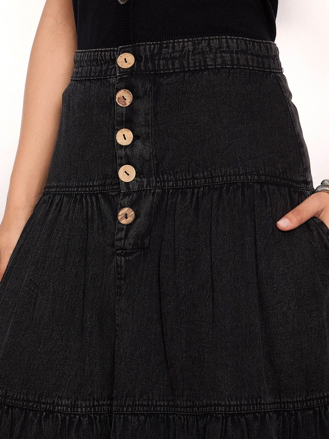 SASSAFRAS Women Denim Flared Maxi Skirts