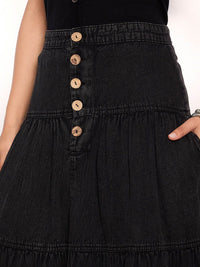 SASSAFRAS Women Denim Flared Maxi Skirts