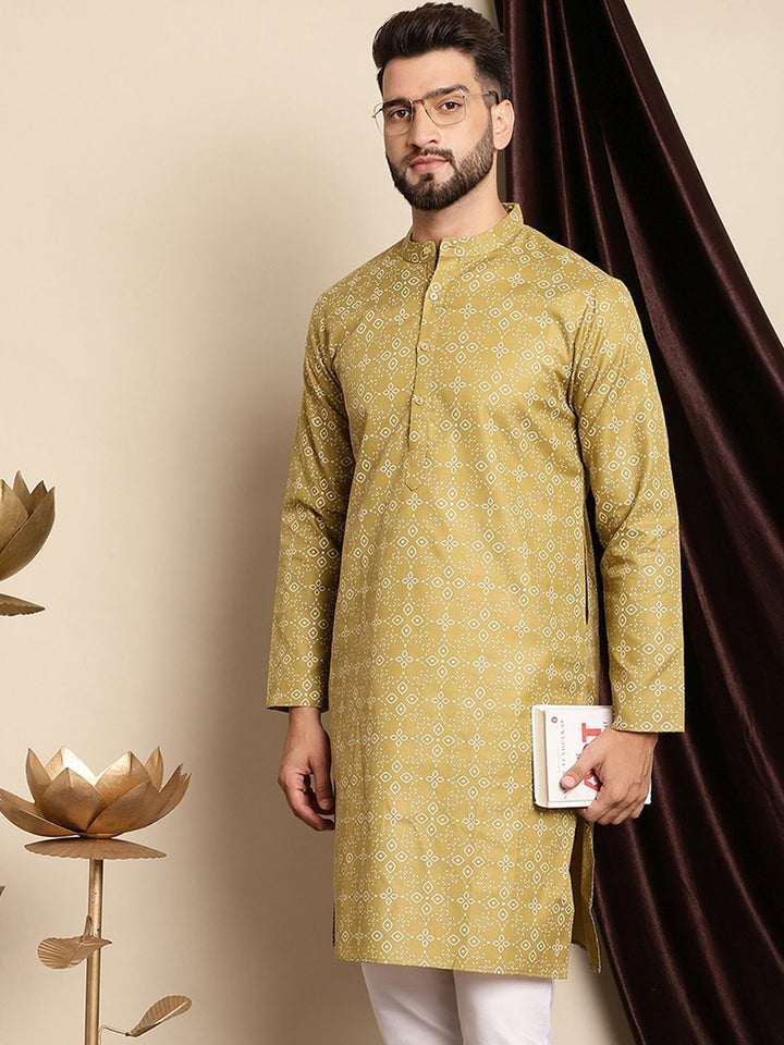 Anouk Ethnic Motifs Printed Band Collar Cotton Linen Regular Kurta