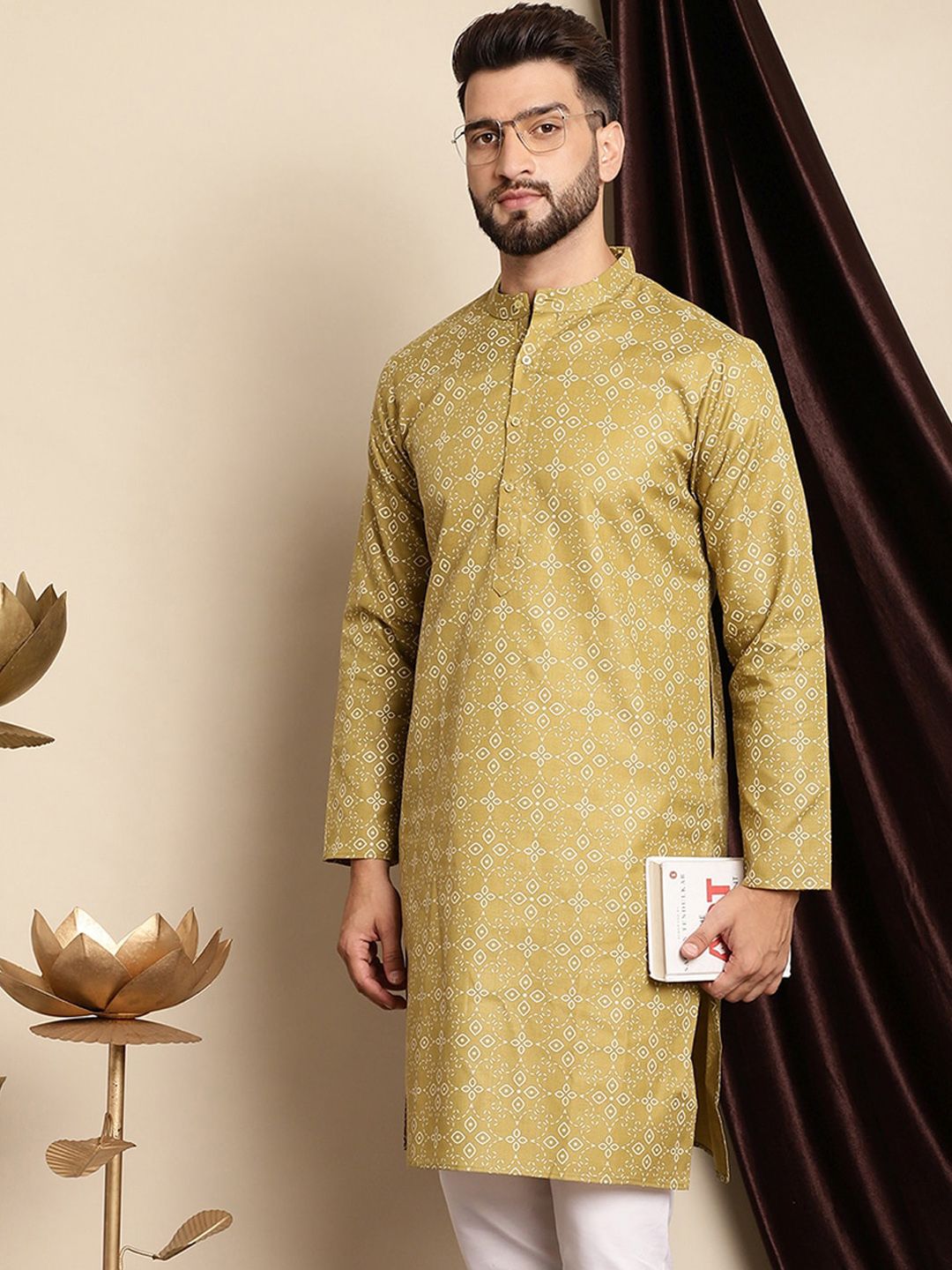 Anouk Ethnic Motifs Printed Band Collar Cotton Linen Regular Kurta