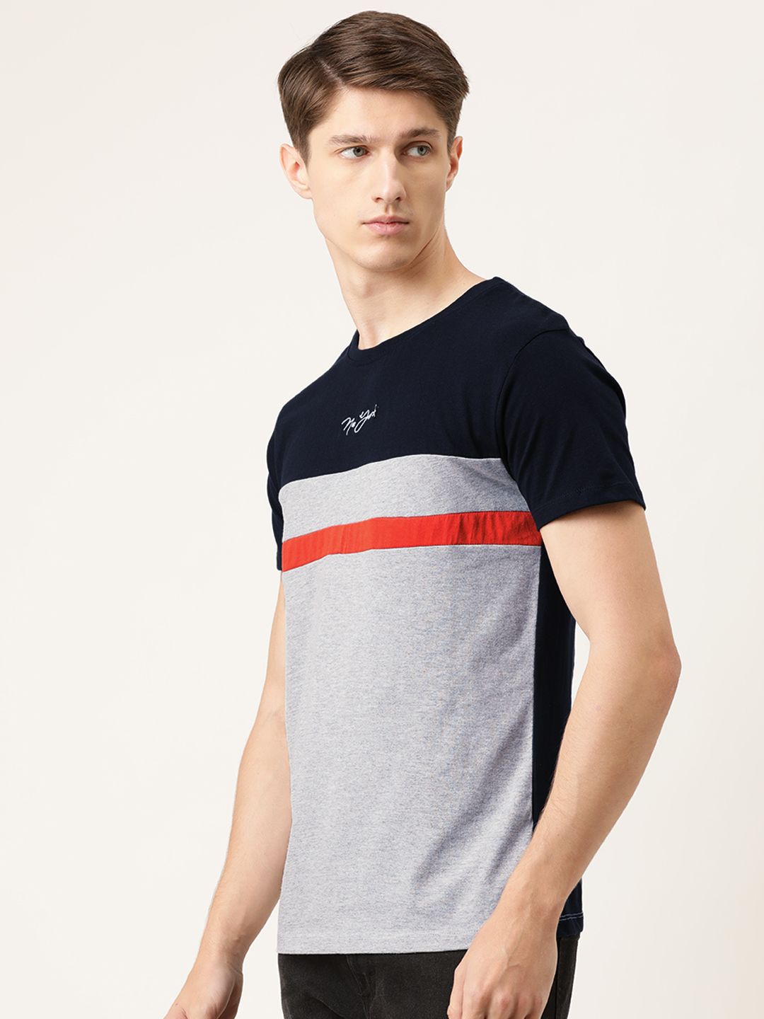 The Indian Garage Co Men Grey Melange  Navy Blue Colourblocked Round Neck Pure Cotton T-shirt
