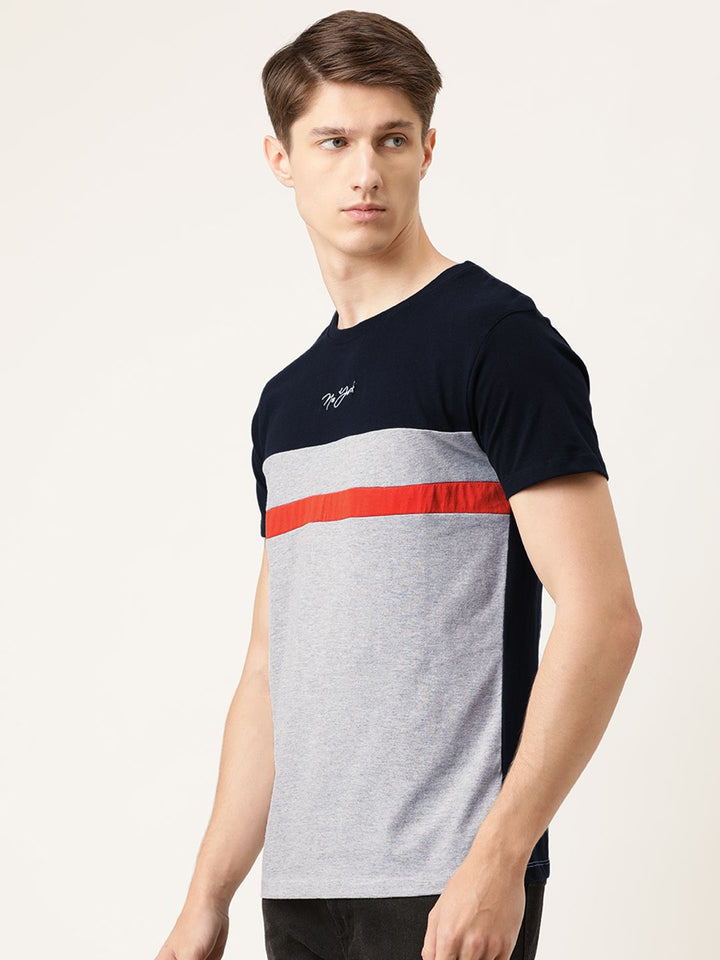 The Indian Garage Co Men Grey Melange  Navy Blue Colourblocked Round Neck Pure Cotton T-shirt