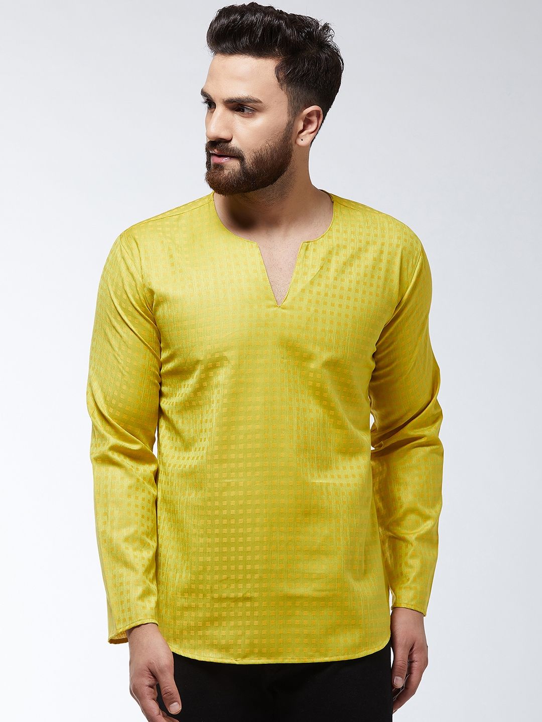 SOJANYA Men Green & Yellow Checked Straight Short Kurta