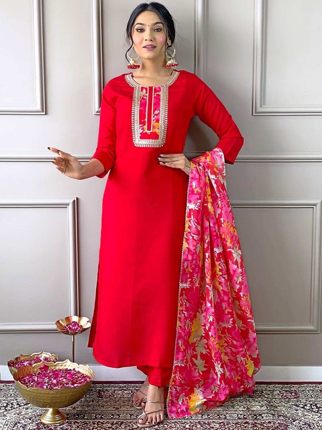 KALINI Ethnic Motifs Yoke Design Thread Work Straight Kurta with Trousers & Dupatta