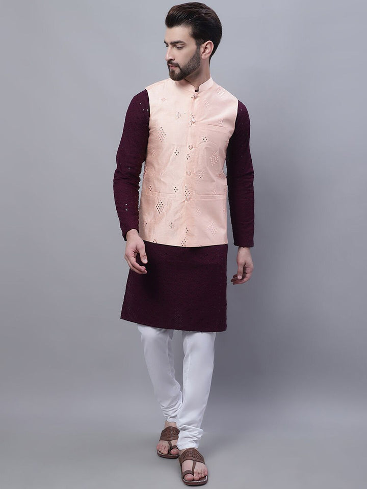 SOJANYA Sulam Kurta Kapas Tulen Biasa Dengan Piyama Dengan Jaket Nehru