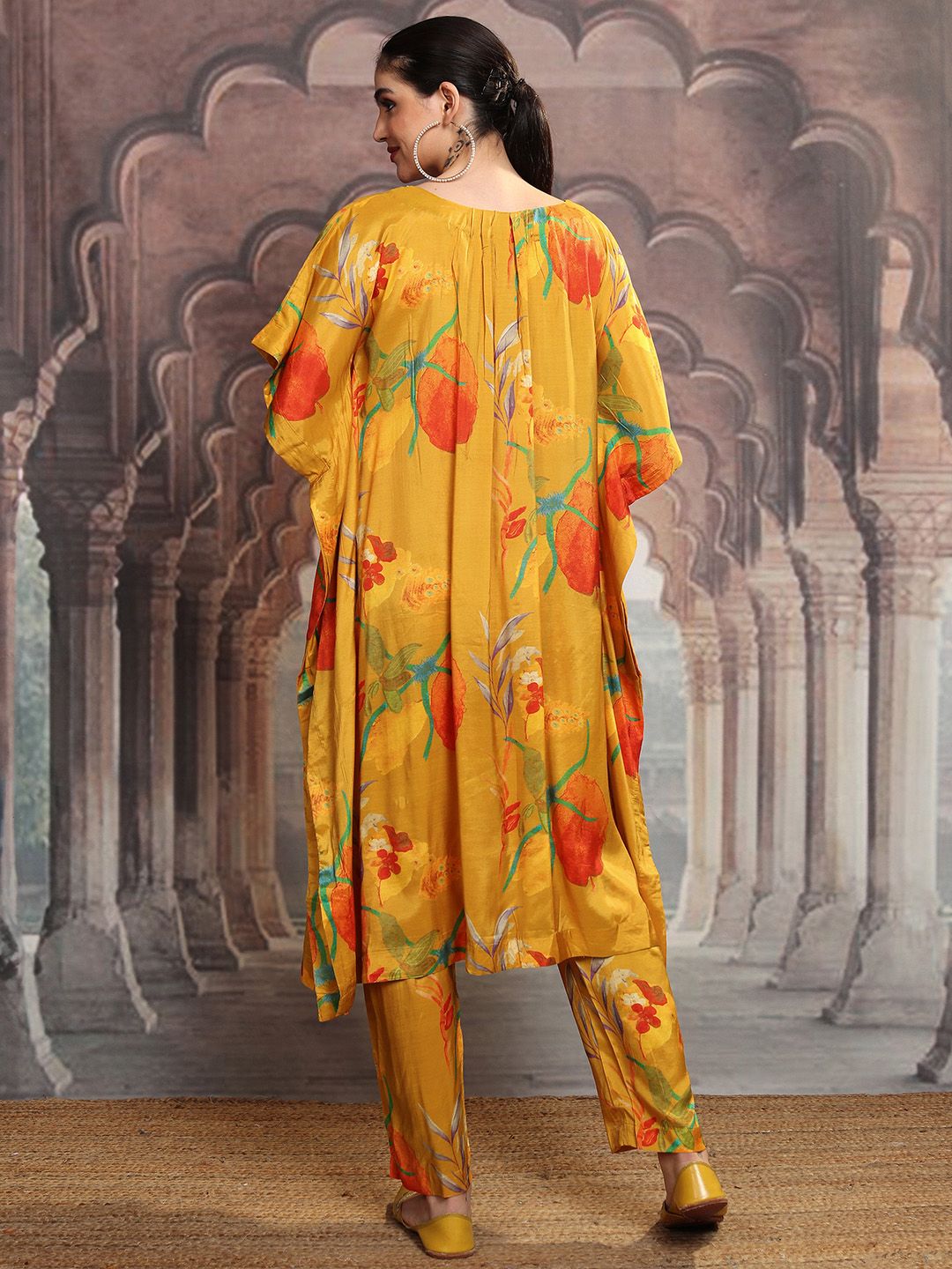 Vishudh Mustard Yellow & Red Floral Printed Straight Kurta with Trousers