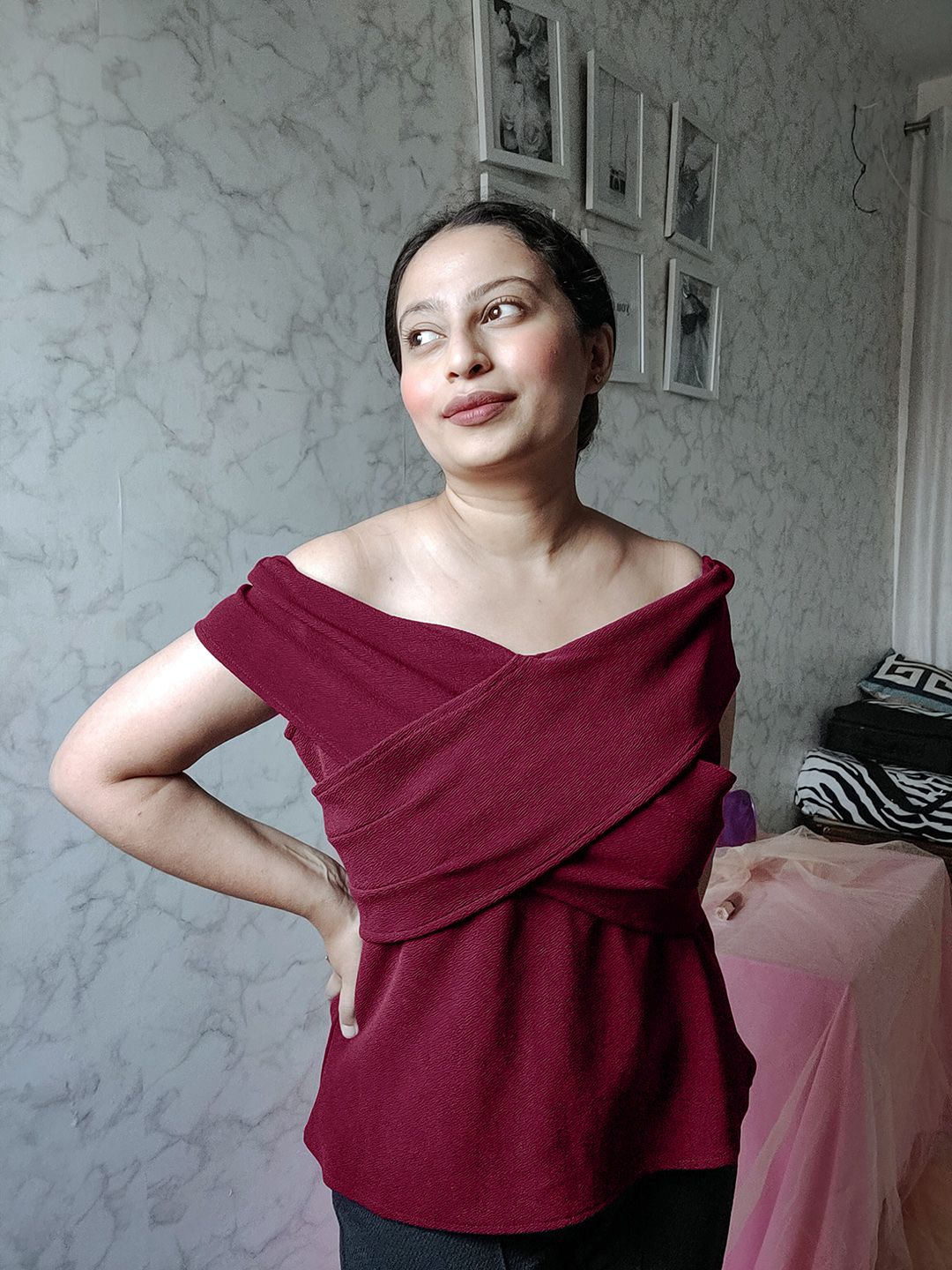 Athena Burgundy Pleated Bardot Top