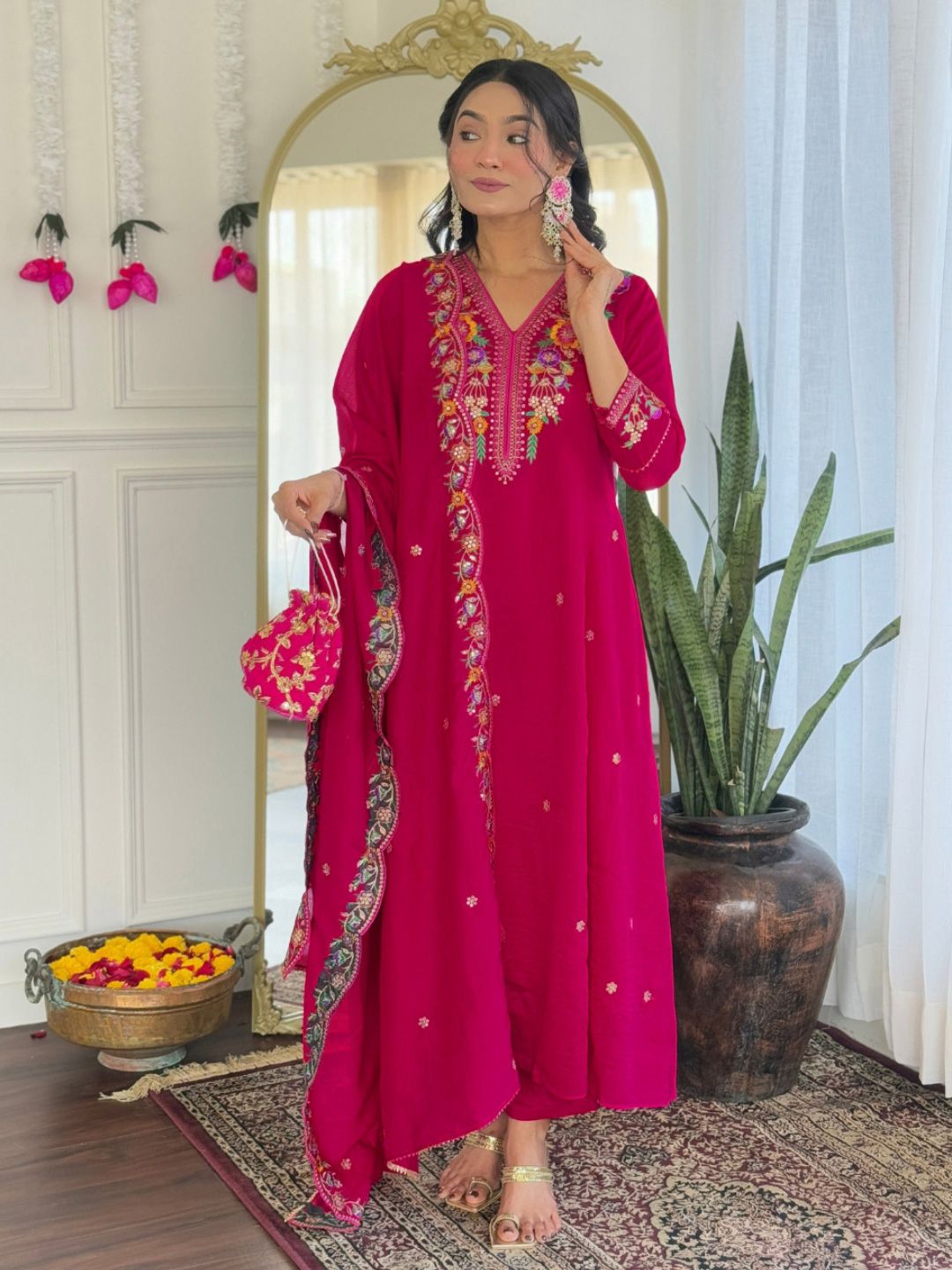 KALINI Women Floral Embroidered Regular Thread Work Kurta with Trousers & With Dupatta