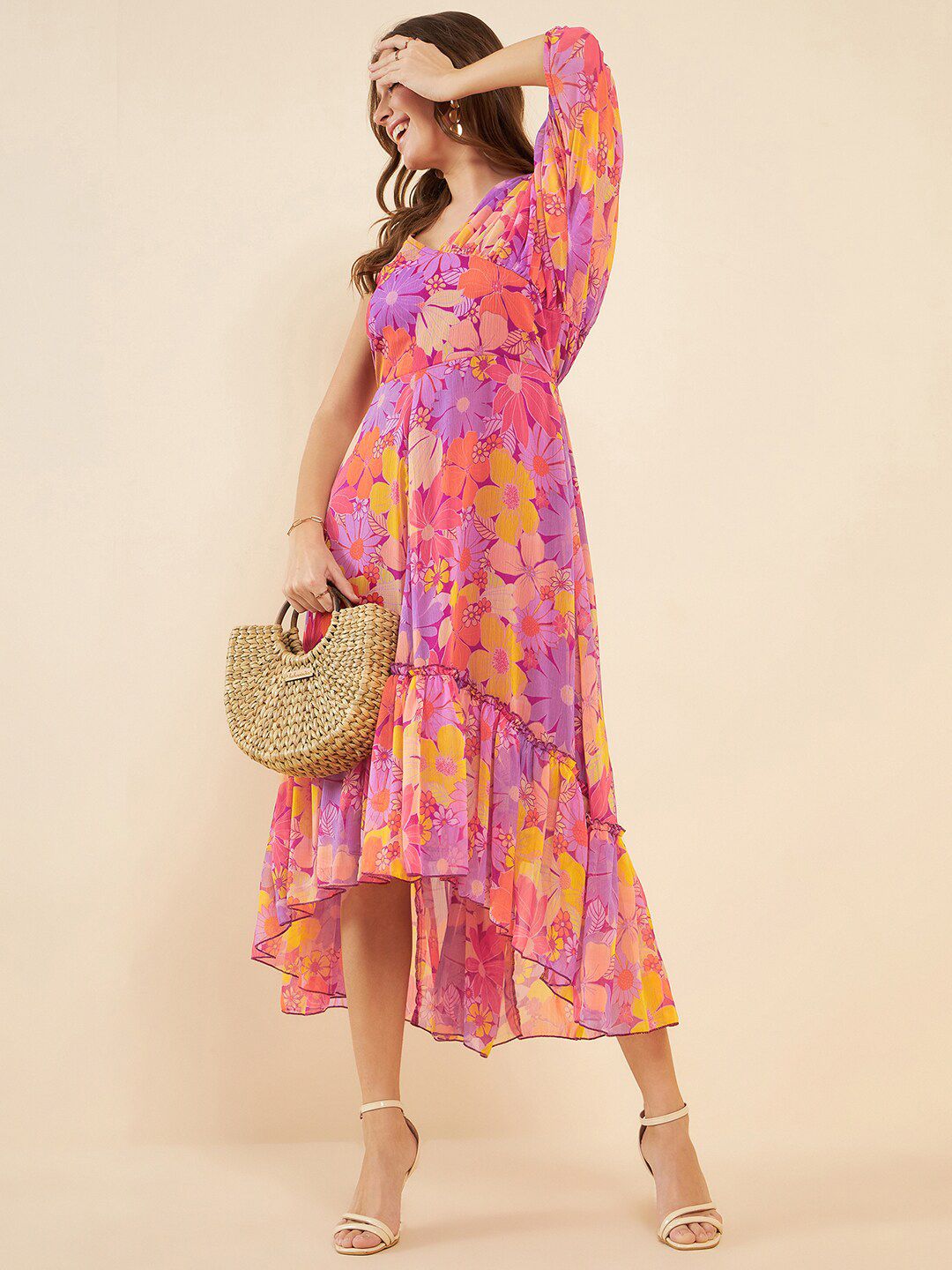 Antheaa Pink Floral Printed V-Neck Gathered Detailed Chiffon Fit & Flare Midi Dress