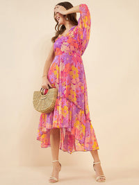 Antheaa Pink Floral Printed V-Neck Gathered Detailed Chiffon Fit & Flare Midi Dress
