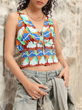 DressBerry Playful Palette  Abstract Printed Tie-Up Neck Smocked Top