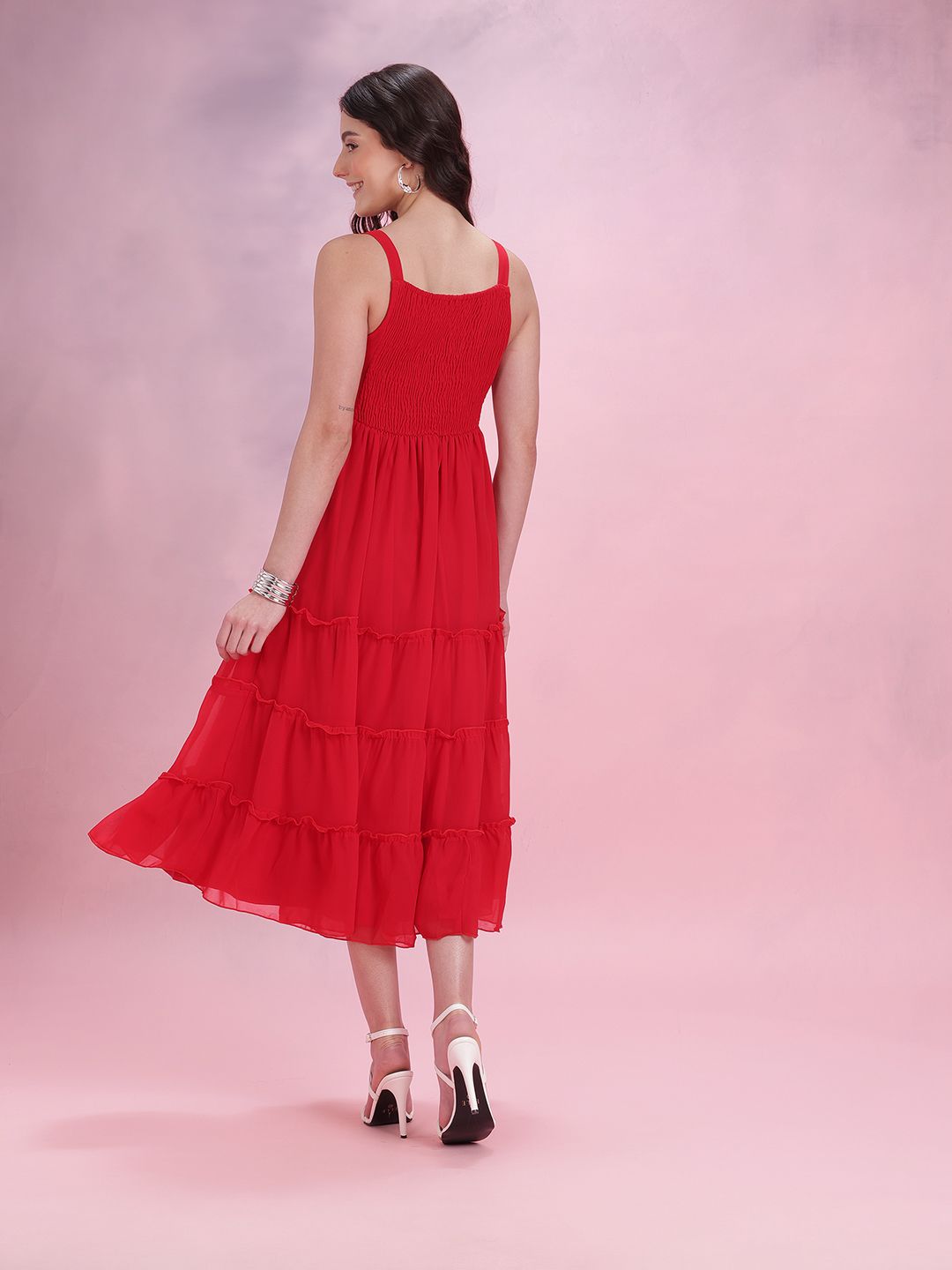 DressBerry Smocked Back Ruffled A-Line Tiered Midi Dress