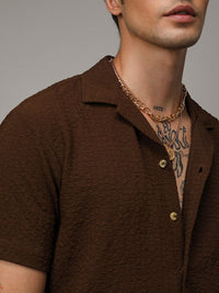 Campus Sutra Chocolate Brown Short Sleeves Textured Shirt & Shorts