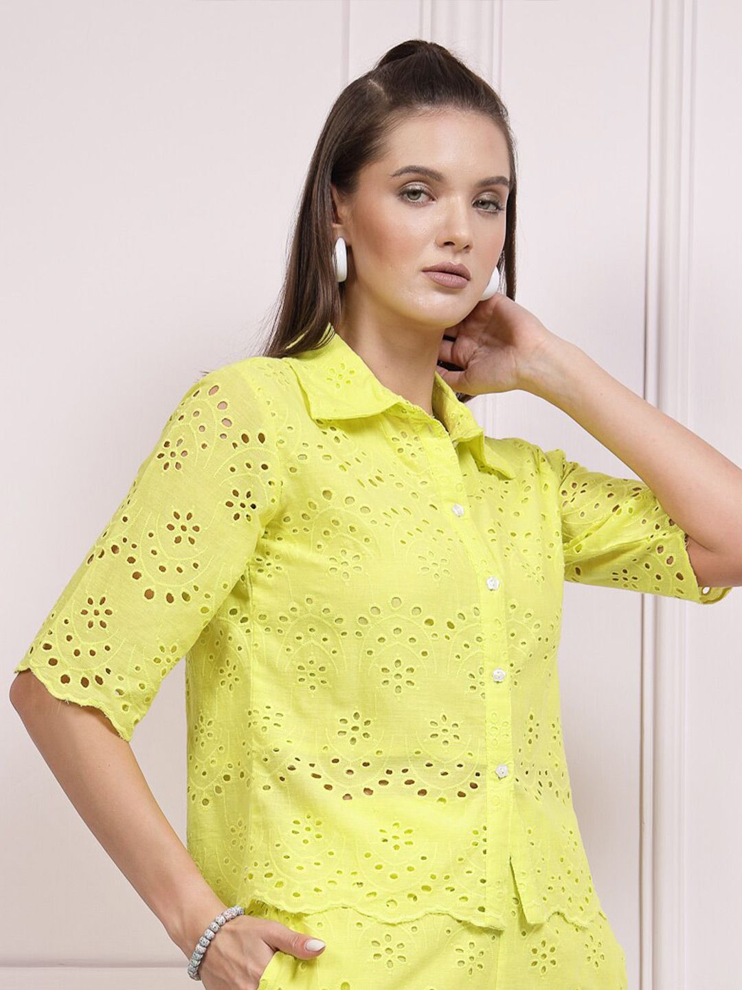 Athena Geometric Printed Shiffli Cotton Shirt Style Top