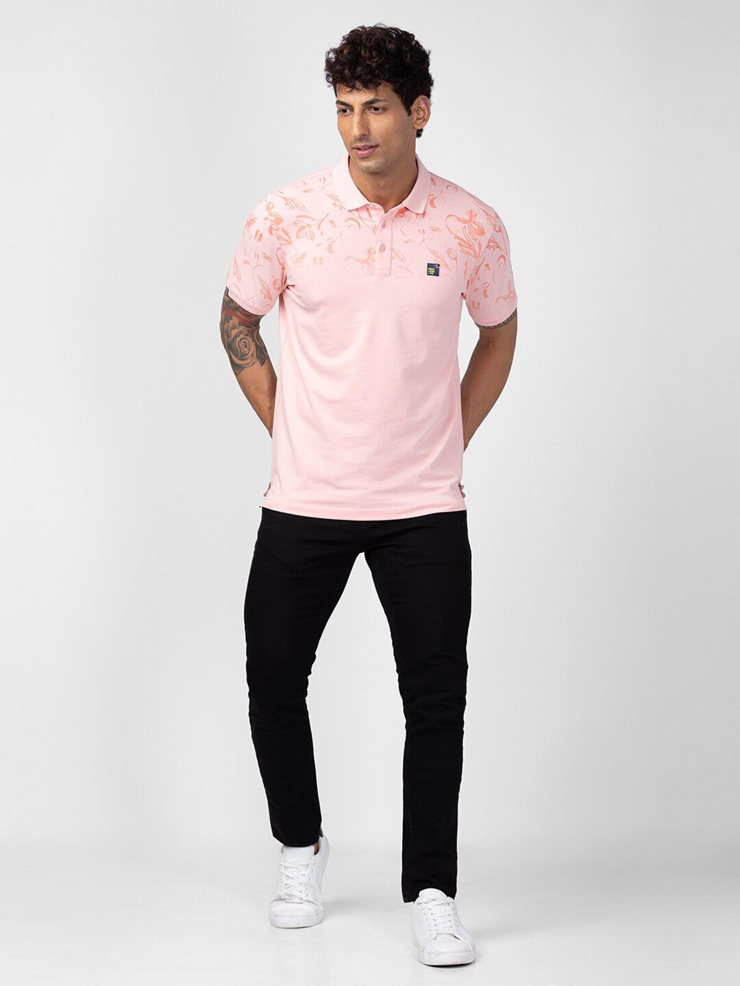 SPYKAR Men Floral Printed Polo Collar Slim Fit Cotton T-shirt