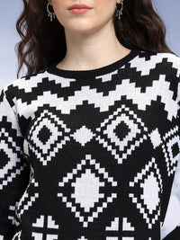 Tokyo Talkies Black Geometric Printed Acrylic Pullover Sweater