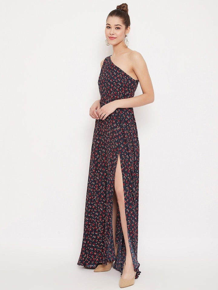 Berrylush Navy Blue Floral Printed Maxi Dress