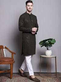 Jompers Mandarin collar Ethnic Motif Embroidered Thread Work Straight Cotton Kurta