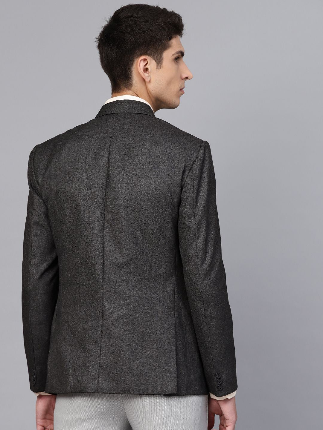 MANQ Men Charcoal Grey Slim Fit Solid Single Breasted Formal Blazer