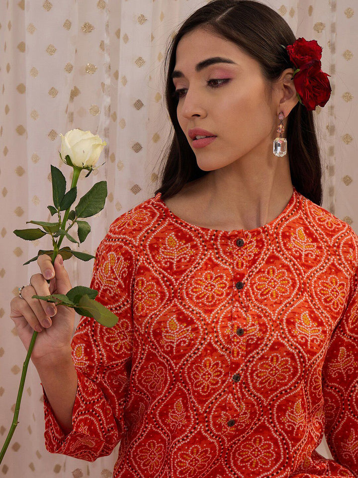 Indo Era Orange Ethnic Motifs Printed Round Neck Straight Kurta