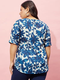 Berrylush Curve Cream Colen & Blue Plus Size Floral Print Printed Cotton Top