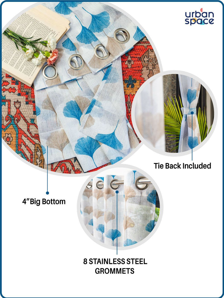 URBAN SPACE Blue & White Set of 2 Floral Sheer Door Curtain