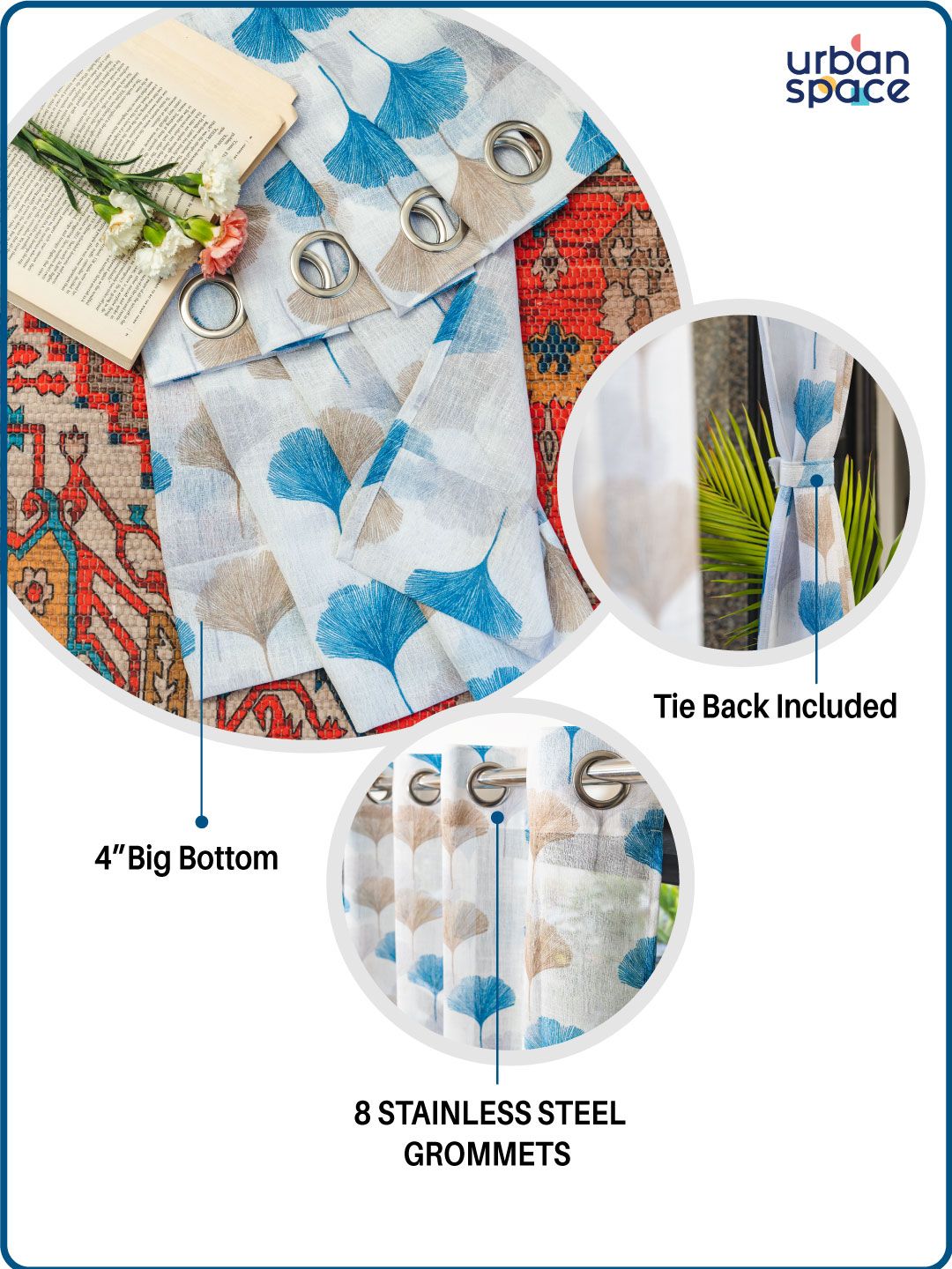 URBAN SPACE Blue & White Set of 2 Floral Sheer Door Curtain