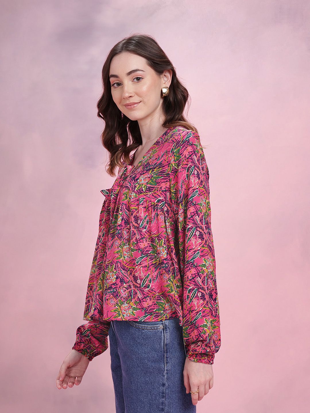DressBerry Tropical Print Tie-Up Neck Regular Top