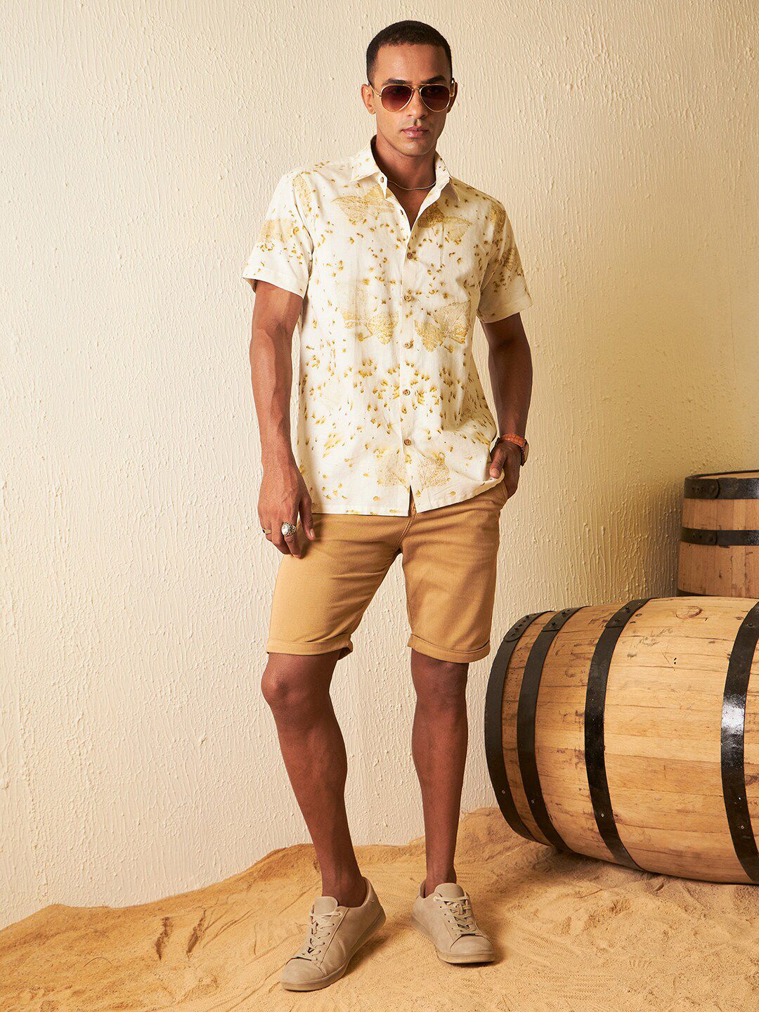 DENNISON Smart Fit Printed Spread Collar Hemp Casual Shirt